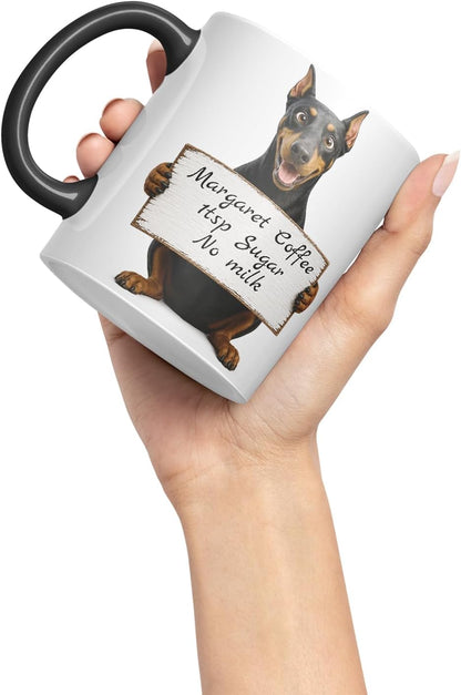 Vixar Personalised Doberman Dog Pet Mug with Name or Custom Message – Cute Animal Coloured Ceramic Mug Cup Gift, 11oz (Black)