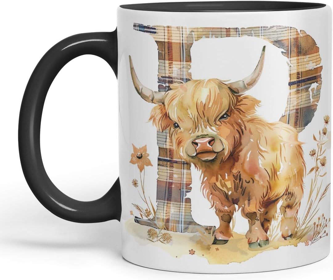 Vixar Highland Cow Alphabet Monogram Coloured Ceramic Cup Mug – Letter P – Rustic Farmhouse Animal Letter Gift – 11oz (Black)