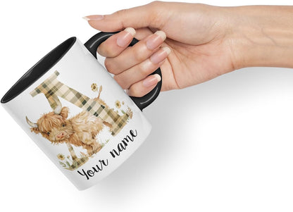 Vixar Personalised Highland Cow Initial Letter A Custom Name Mug – Coloured Ceramic Mug Cup Gift, 11oz (Black)