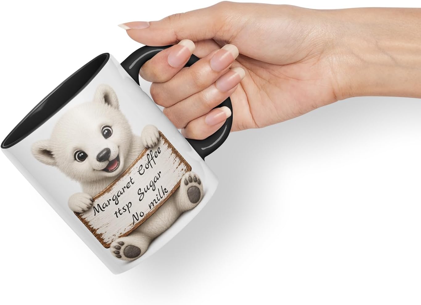 Vixar Personalised Polar Bear Mug with Name or Custom Message – Cute Animal Coloured Ceramic Mug Cup Gift, 11oz (Black)