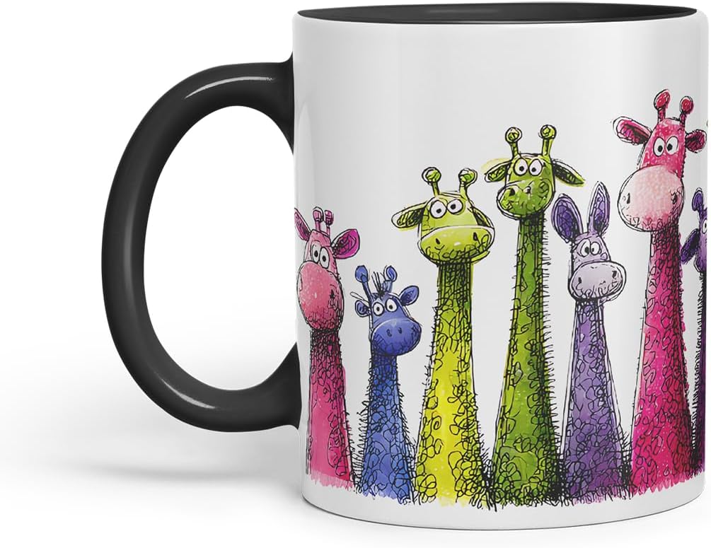 Vixar Funny Colourful Giraffe Friends Design – Cute Giraffe Character Mug for Wildlife & Animal Lovers, Coloured Mug Cup Gift, 11oz (Black)