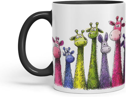 Vixar Funny Colourful Giraffe Friends Design – Cute Giraffe Character Mug for Wildlife & Animal Lovers, Coloured Mug Cup Gift, 11oz (Black)
