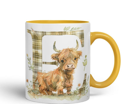 Vixar Highland Cow Alphabet Monogram Coloured Ceramic Cup Mug – Letter E – Rustic Farmhouse Animal Letter Gift – 11oz (Black)