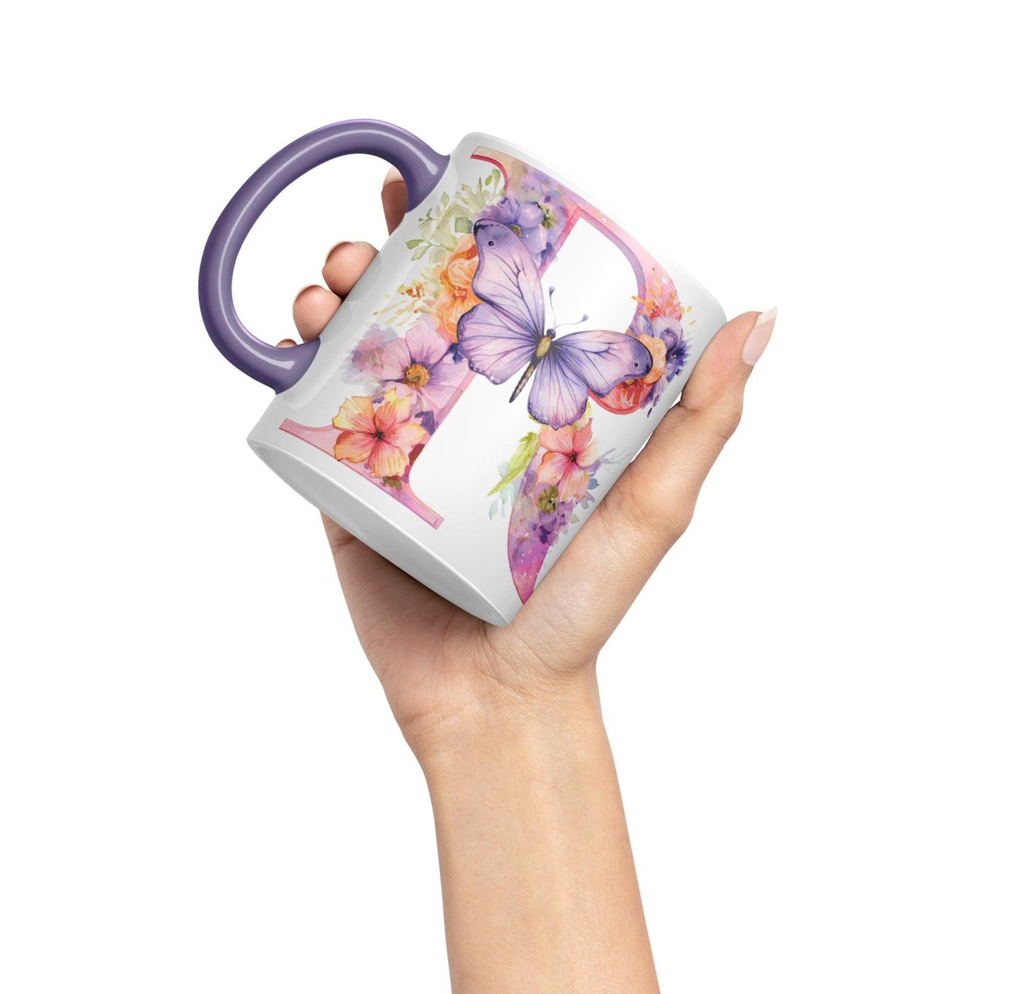 Letter R mug, Floral flowers butterfly Alphabet Letter R Monogram watercolour Ceramic Coloured Mug Cup for Tea Coffee Hot brew 330ml 11Oz Gift