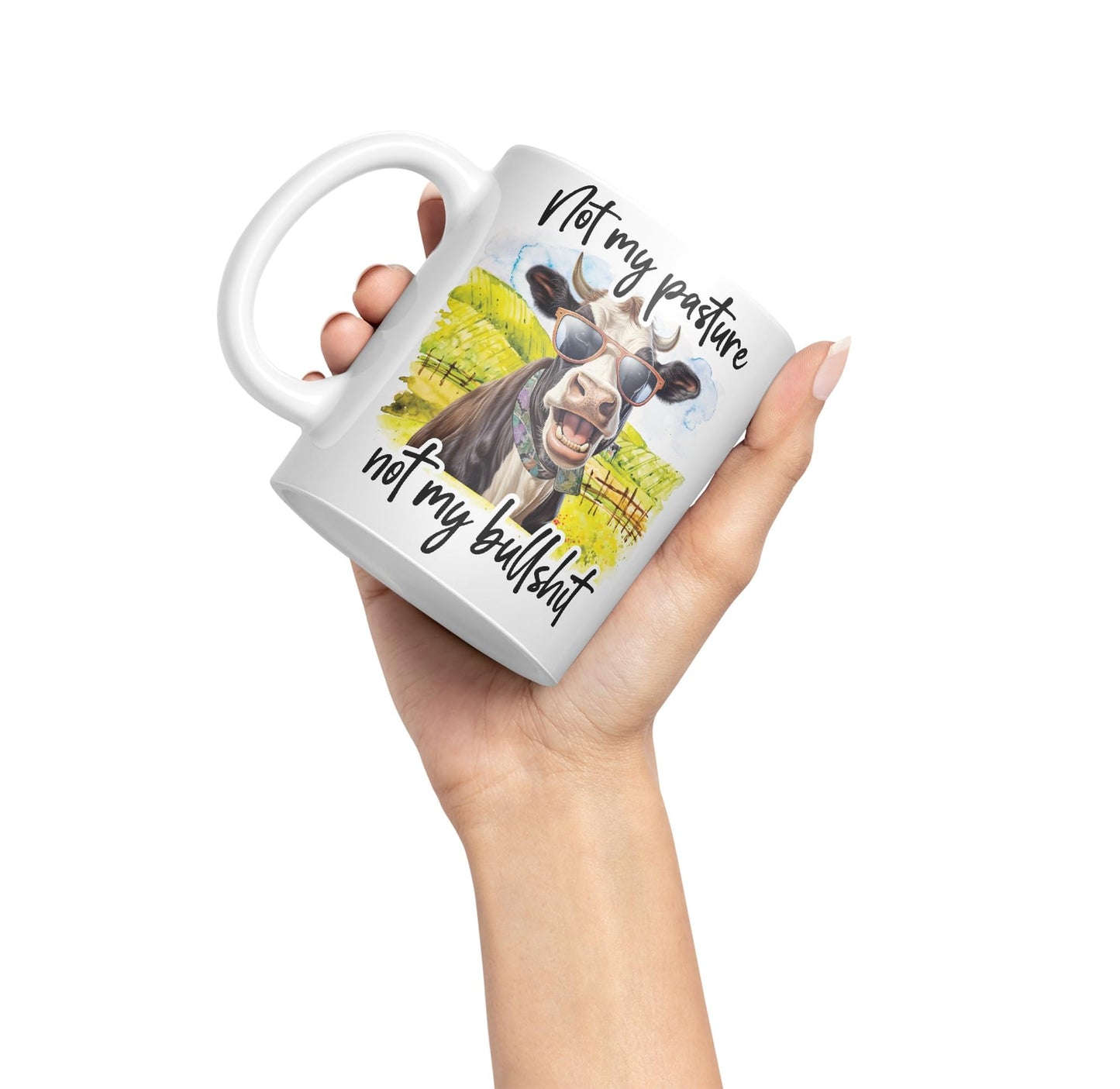 Not My Pasture, not My Bullshit Cow Joke sarkasm Sarcastic Ceramic Coloured Mug Cup for Tea Coffee Hot Brew 330ml 11Oz Gift