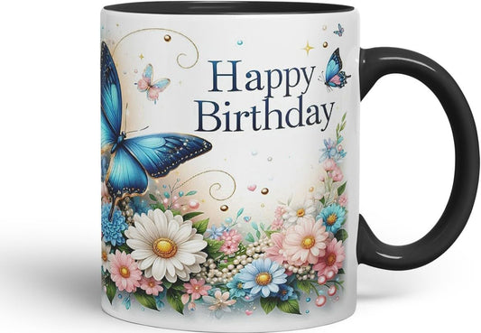 Vixar Happy Birthday Blue Butterfly Flowers Coloured Ceramic Mug Cup Gift 11oz V4 (Black)