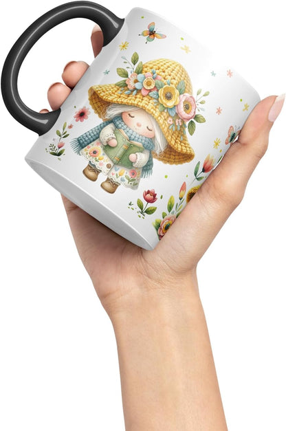 Vixar Spring Gnome Flowers Mug – Coloured Ceramic Mug Cup Gift, 11oz (Black)