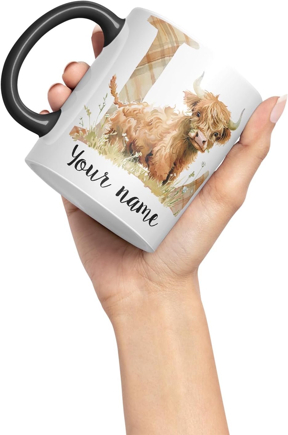 Vixar Personalised Highland Cow Initial Letter L Custom Name Mug – Coloured Ceramic Mug Cup Gift, 11oz (Black)