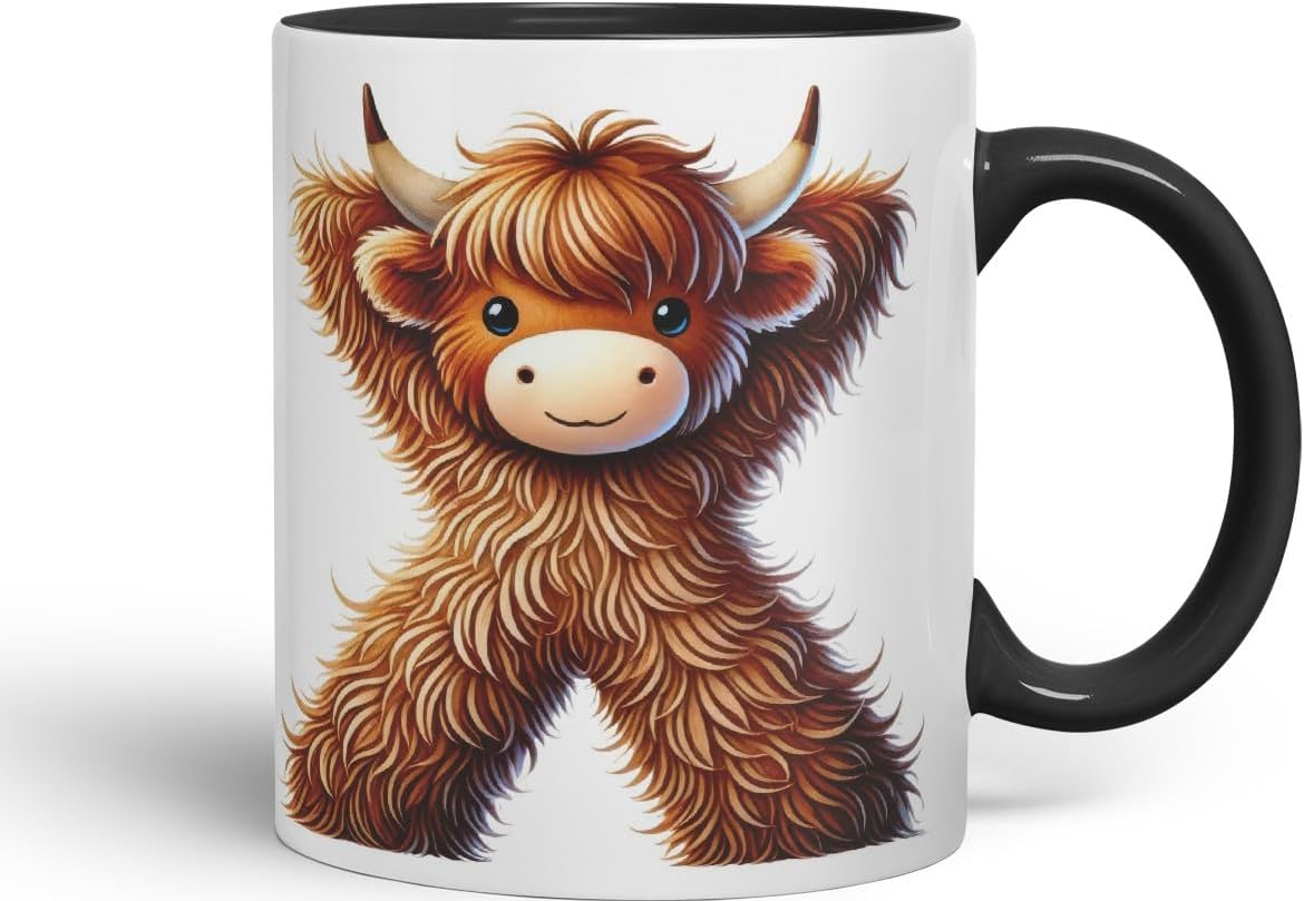 Highland Cow Alphabet Monogram Coloured Ceramic Cup Mug Letter X Rustic Farmhouse Animal Letter Gift V2 11oz (Black)
