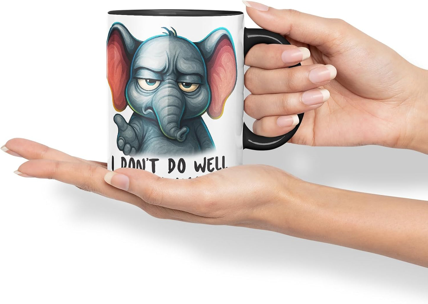 Vixar I Don't Do Well with Humans Funny Elephant Mug – Coloured Ceramic Mug Cup Gift, 11oz (Black)