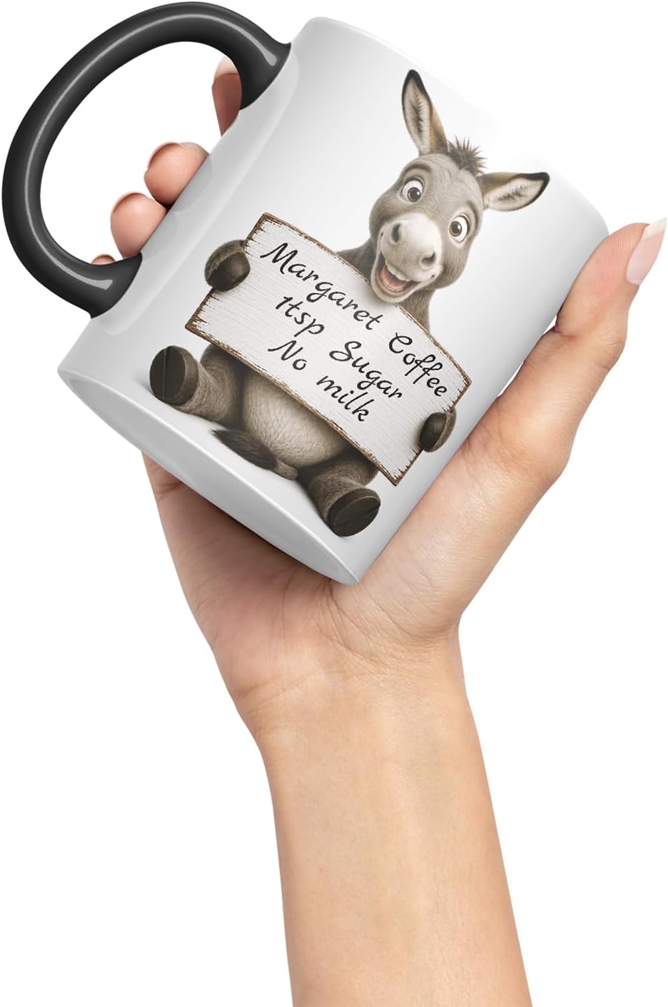 Vixar Personalised Donkey Mug with Name or Custom Message – Cute Animal Coloured Ceramic Mug Cup Gift, 11oz (Black)