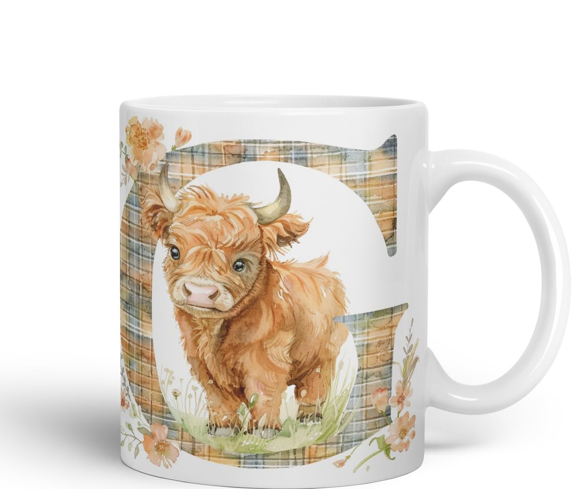 Vixar Highland Cow Alphabet Monogram Coloured Ceramic Cup Mug – Letter G – Rustic Farmhouse Animal Letter Gift – 11oz (Black)