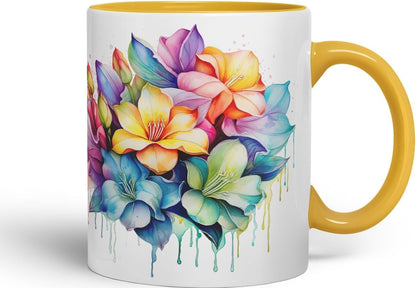 Vixar Gardenia Classic Floral Mug Coloured Ceramic Mug Cup Gift, 11oz (Gold Yellow)