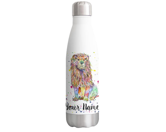 Vixar Lion Personalised Custom Bottle with your Text/name Big cat King safari animals Watercolour Bottle Double Wall Insulated Stainless Steel Sport Drinks 500ml