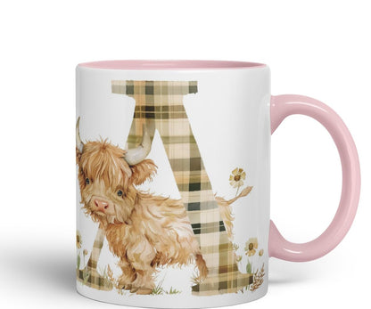 Vixar Highland Cow Alphabet Monogram Coloured Ceramic Cup Mug – Letter A – Rustic Farmhouse Animal Letter Gift – 11oz (Black)