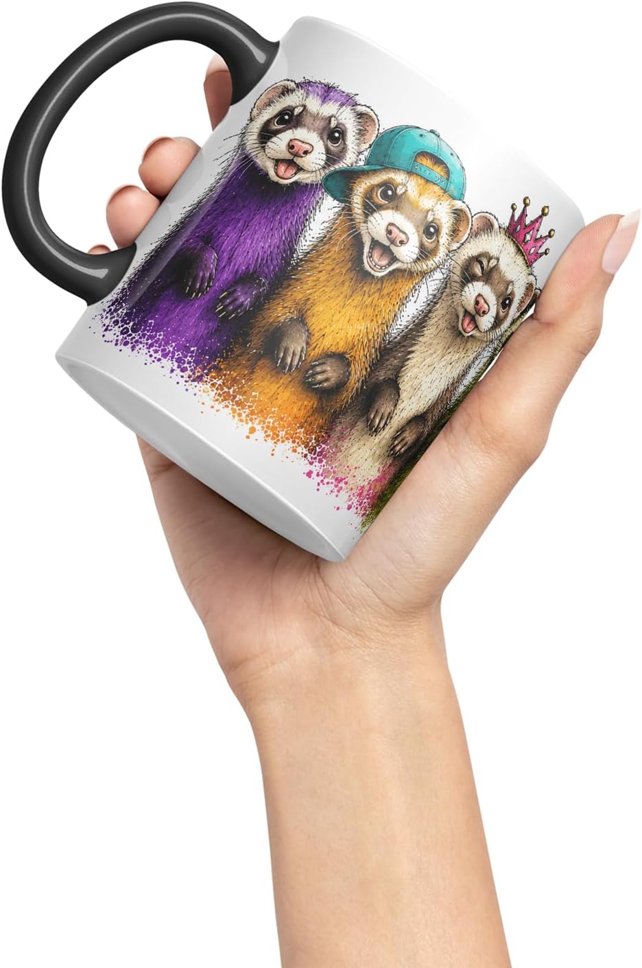 Ferret Mug – Cute Ferret Animal Coloured Ceramic Mug Cup Gift, 11oz (Black)