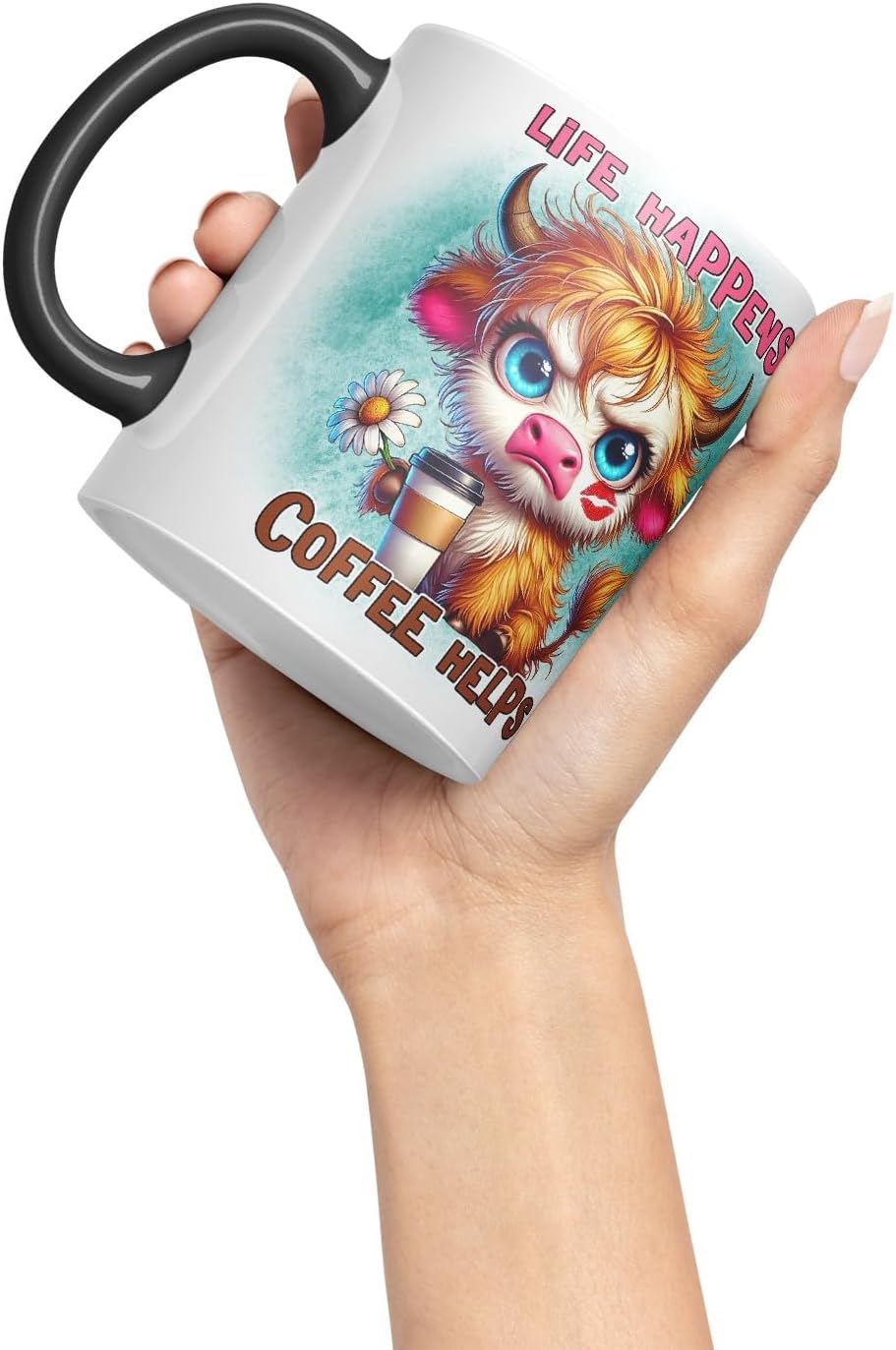 Vixar Life Happens Coffee Helps Highland Cow Coloured Ceramic Mug Cup Gift for Coffee Lovers 11oz (Black)