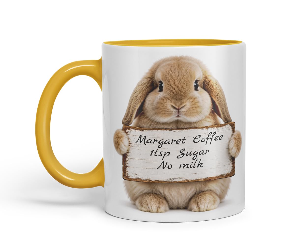 Vixar Personalised Lop Rabbit Mug with Name or Custom Message – Cute Animal Coloured Ceramic Mug Cup Gift, 11oz (Black)