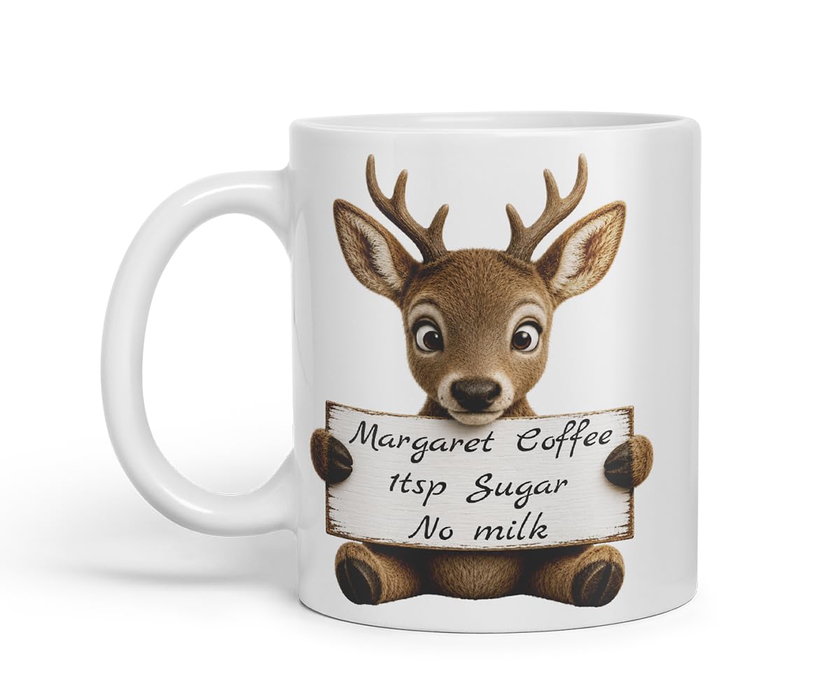 Vixar Personalised Deer Mug with Name or Custom Message – Cute Animal Coloured Ceramic Mug Cup Gift, 11oz (Black)