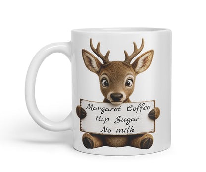 Vixar Personalised Deer Mug with Name or Custom Message – Cute Animal Coloured Ceramic Mug Cup Gift, 11oz (Black)