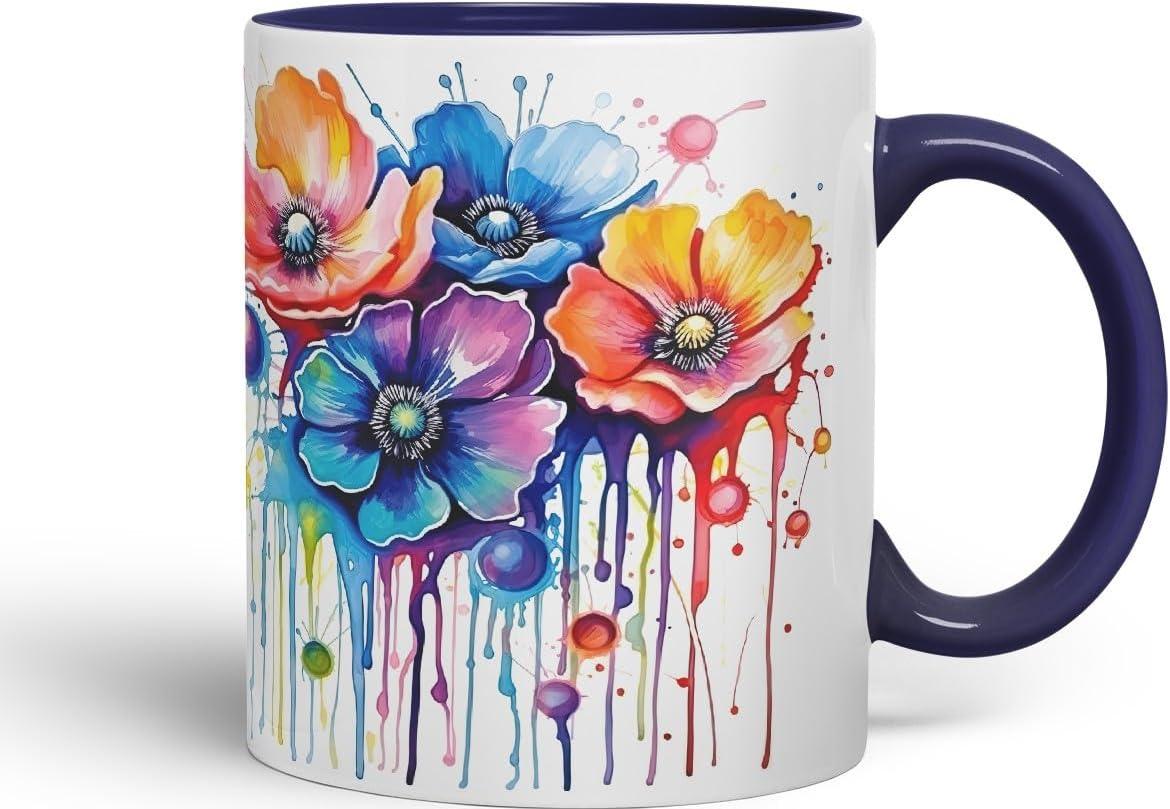 Vixar Anemone Watercolour Floral Mug Coloured Ceramic Mug Cup Gift, 11oz (Navy)