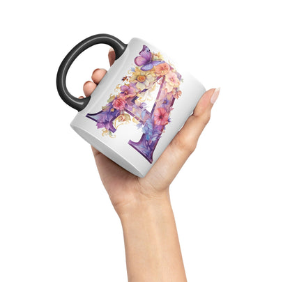 Letter A mug, Floral flowers butterfly Alphabet Letter A Monogram watercolour Ceramic Coloured Mug Cup for Tea Coffee Hot brew 330ml 11Oz Gift