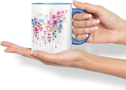 Vixar Cherry Blossom Sakura Mug Coloured Ceramic Mug Cup Gift, 11oz (C Blue)