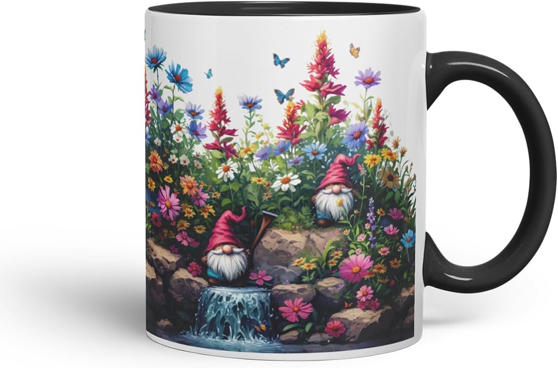 Vixar Garden Gnome Waterfall Mug – Coloured Ceramic Mug Cup Gift, 11oz (Black)