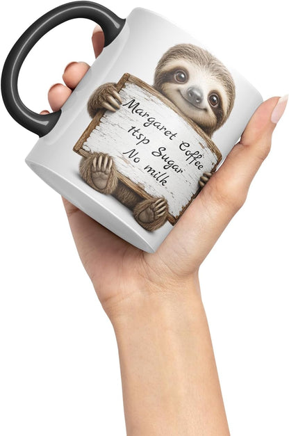 Vixar Personalised Sloth Mug with Name or Custom Message – Cute Animal Coloured Ceramic Mug Cup Gift, 11oz (Black)