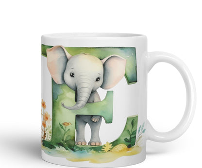 Letter E mug, Animals Alphabet Letter E Monogram animal for kids Ceramic Coloured Mug Cup for Tea Coffee Hot brew 330ml 11Oz Gift