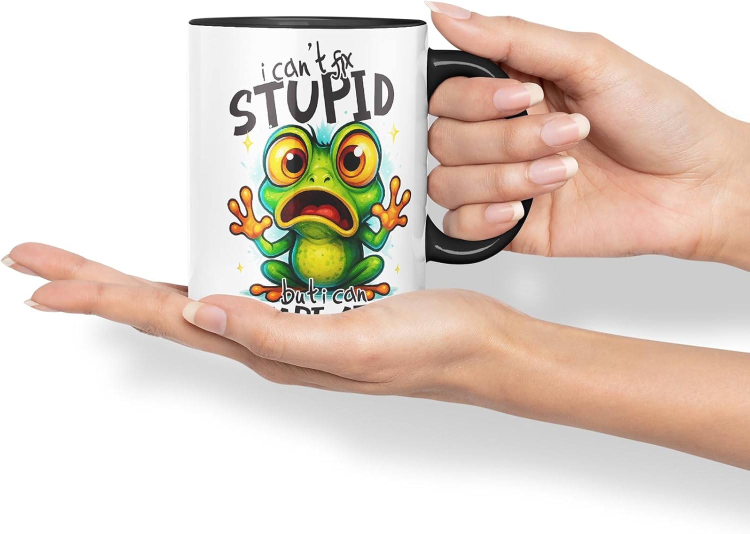 Vixar I Can't Fix Stupid But I Can Stare At It Funny Frog Mug – Coloured Ceramic Mug Cup Gift, 11oz (Black)