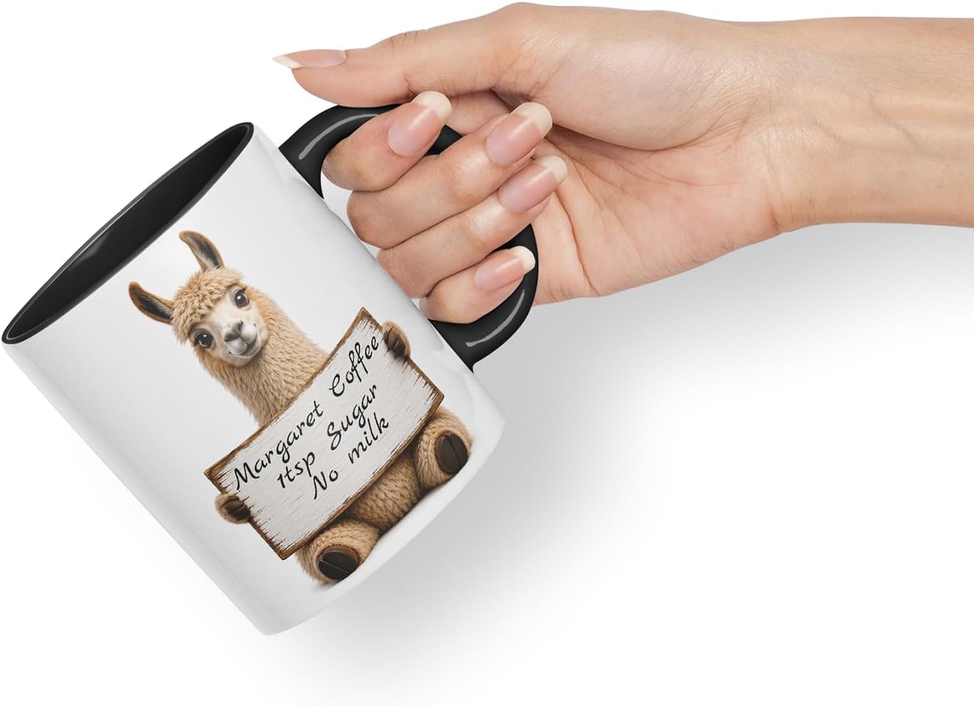 Vixar Personalised Llama Mug with Name or Custom Message – Cute Animal Coloured Ceramic Mug Cup Gift, 11oz (Black)