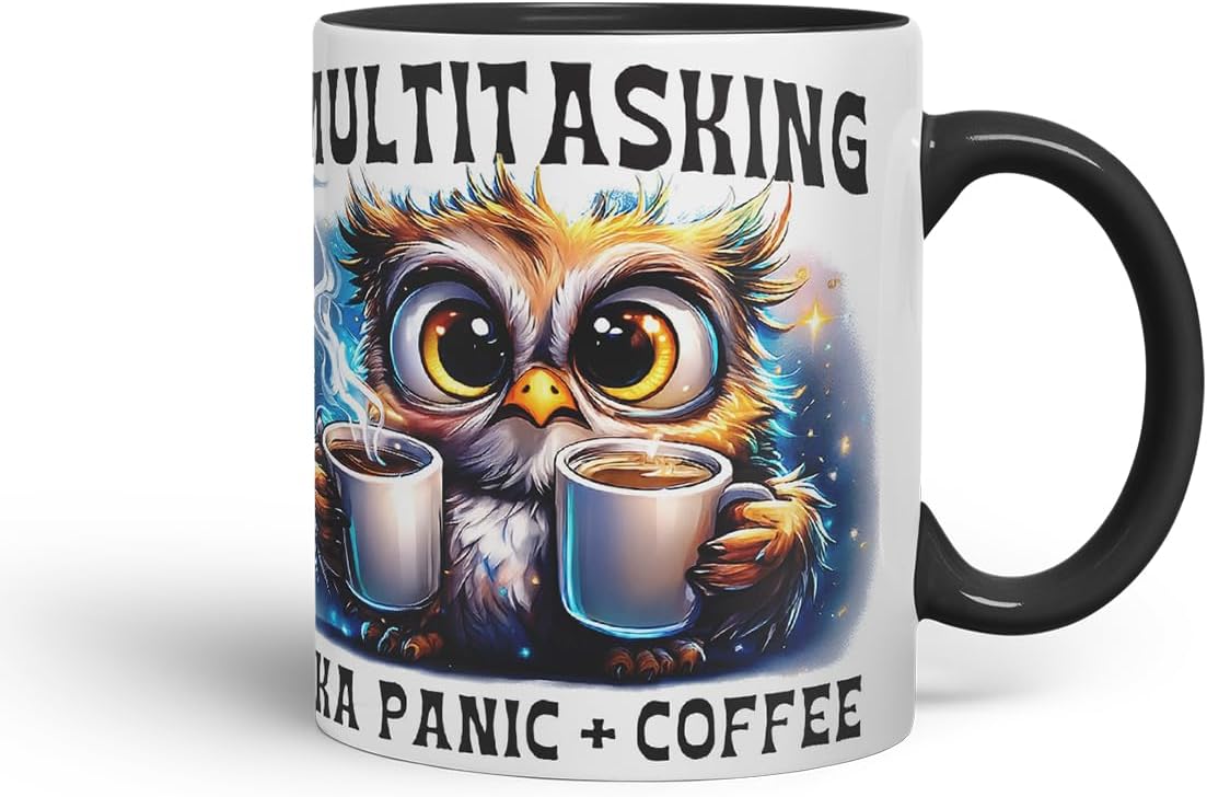 Vixar Multitasking AKA Panic Plus Coffee Funny Owl Mug – Coloured Ceramic Mug Cup Gift, 11oz (Black)