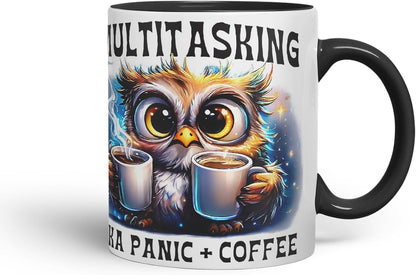 Vixar Multitasking AKA Panic Plus Coffee Funny Owl Mug – Coloured Ceramic Mug Cup Gift, 11oz (Black)
