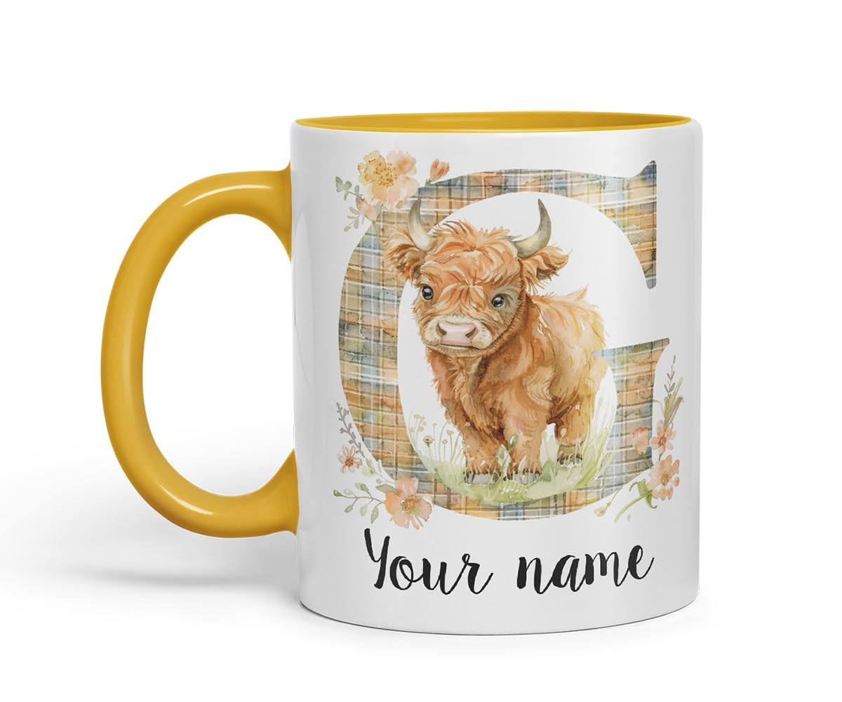 Vixar Personalised Highland Cow Initial Letter G Custom Name Mug – Coloured Ceramic Mug Cup Gift, 11oz (Black)