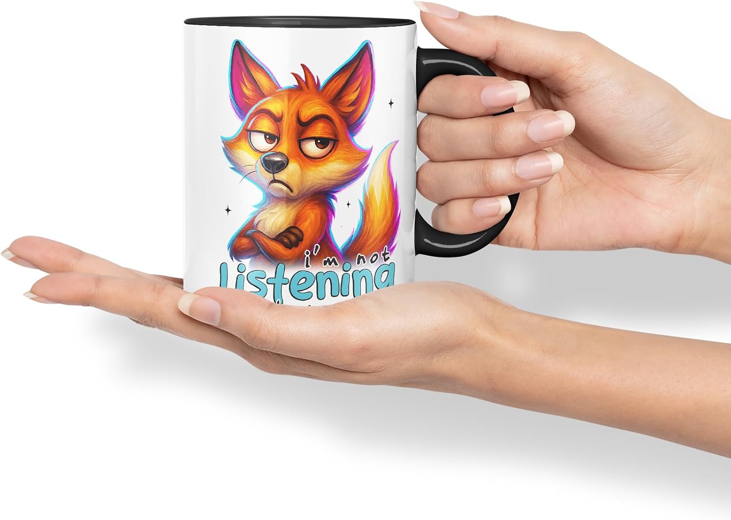 Vixar I'm Not Listening But Go On Sarcastic Fox – Coloured Ceramic Mug Cup Gift, 11oz (Black)