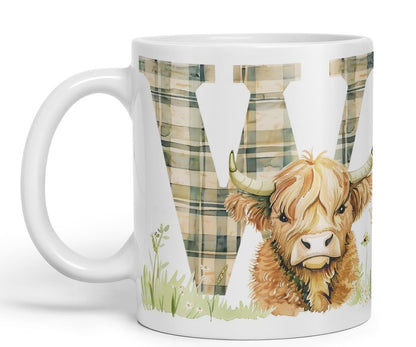 Vixar Highland Cow Alphabet Monogram Coloured Ceramic Cup Mug – Letter W – Rustic Farmhouse Animal Letter Gift – 11oz (Black)