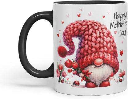 Vixar Happy Mother's Day Cute Red Gnome Mother Mum Mug – Coloured Ceramic Mug Cup Gift, 11oz (Black)