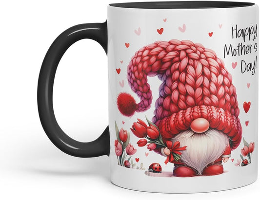 Vixar Happy Mother's Day Cute Red Gnome Mother Mum Mug – Coloured Ceramic Mug Cup Gift, 11oz (Black)