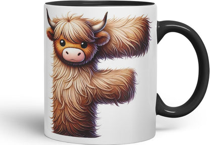 Highland Cow Alphabet Monogram Coloured Ceramic Cup Mug Letter F Rustic Farmhouse Animal Letter Gift V2 11oz (Black)