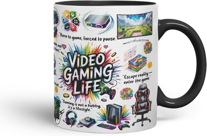 Video Gaming Life Mug – Coloured Ceramic Mug Cup Gift, 11oz (Black)
