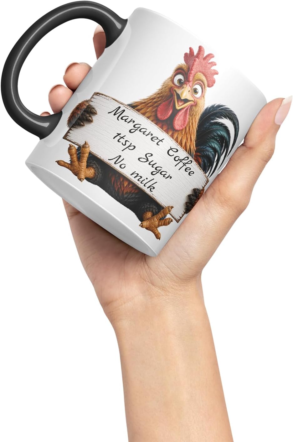 Vixar Personalised Cockerel Mug with Name or Custom Message – Cute Animal Coloured Ceramic Mug Cup Gift, 11oz (Black)