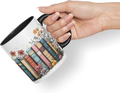 Vixar Floral Bookshelf Coloured Ceramic Mug Cup Gift, 11oz (Black)