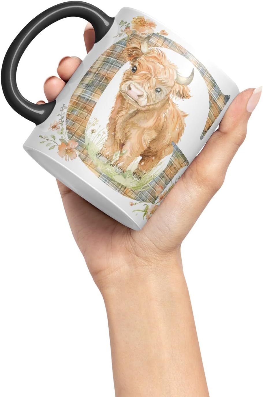 Vixar Highland Cow Alphabet Monogram Coloured Ceramic Cup Mug – Letter G – Rustic Farmhouse Animal Letter Gift – 11oz (Black)