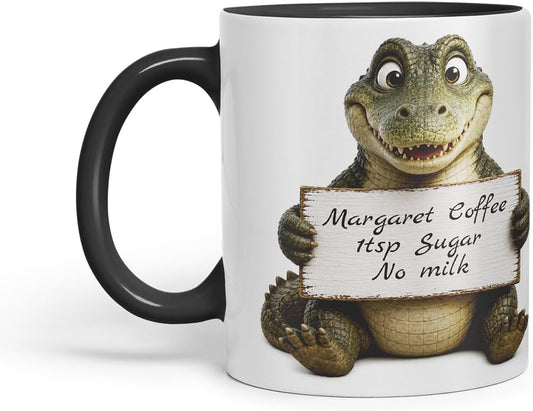 Vixar Personalised Crocodile Mug with Name or Custom Message – Cute Animal Coloured Ceramic Mug Cup Gift, 11oz (Black)