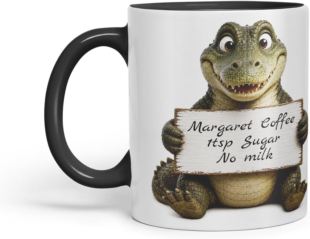 Vixar Personalised Crocodile Mug with Name or Custom Message – Cute Animal Coloured Ceramic Mug Cup Gift, 11oz (Black)