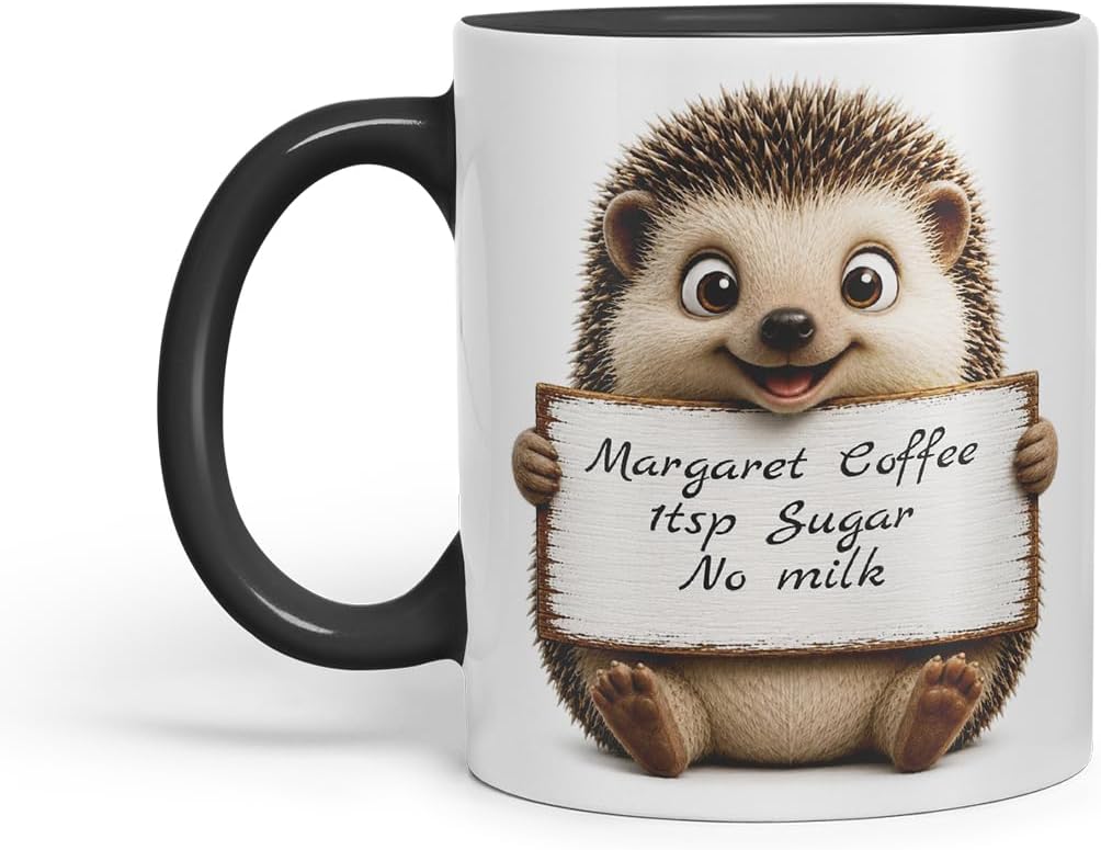 Vixar Personalised Hedgehog Mug with Name or Custom Message – Cute Animal Coloured Ceramic Mug Cup Gift, 11oz (Black)