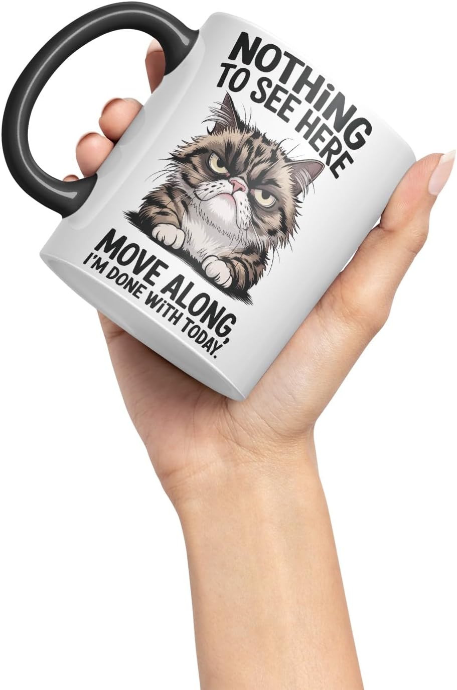 Vixar Nothing to See Here Move Along Cat Mug – Coloured Ceramic Mug Cup Gift, 11oz (Black)