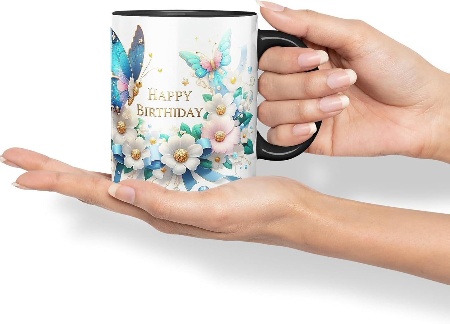 Vixar Happy Birthday Pearl Accents Butterflies Coloured Ceramic Mug Cup Gift 11oz V7 (Black)