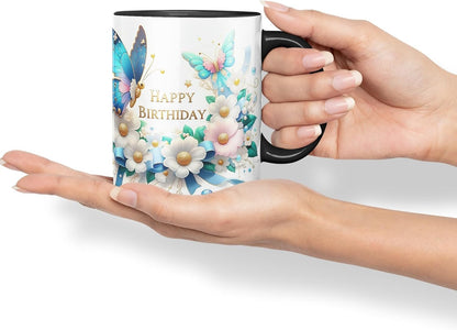 Vixar Happy Birthday Pearl Accents Butterflies Coloured Ceramic Mug Cup Gift 11oz V7 (Black)